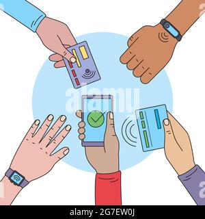 Kontaktlose Bezahler Hände um Stock Vektor