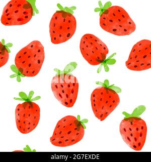 Nahtloses Muster mit Aquarell von Hand gezeichneten süßen Erdbeeren auf weißem Hintergrund. Stockfoto
