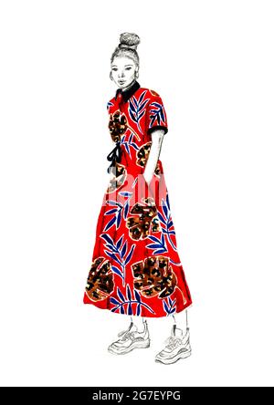 Handbemalte Aquarell-Mode-Illustration eines Mädchens mit rot gemustertem Kleid und Turnschuhen, isoliert auf weißem Hintergrund Stockfoto