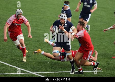 Cardiff, Großbritannien. Juli 2021. Ollie Leatherbarrow aus Schottland macht Pause. 2021 Six Nations U20 Championship round 5, Wales V Scotland at the BT Sport Cardiff Arms Park in Cardiff, South Wales on Tuesday 13 July 2021. PIC by Andrew Orchard/Andrew Orchard Sports Photography/Alamy Live News Credit: Andrew Orchard Sports Photography/Alamy Live News Stockfoto