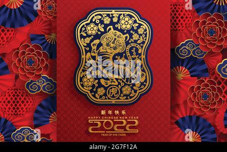 Chinesisches Neujahr 2022 Jahr des Tigers rot und Gold Blume und asiatische Elemente Papier mit Handwerk Stil auf Hintergrund geschnitten. Stock Vektor