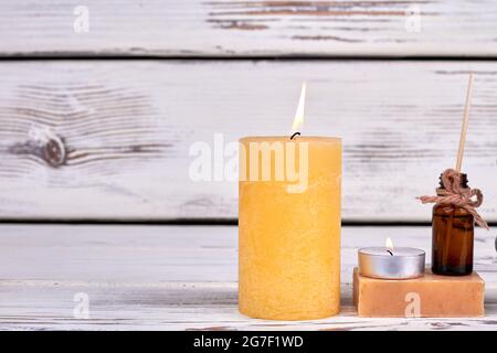 Spa-Setting-Konzept Stillleben Komposition aus der Nähe. Stockfoto