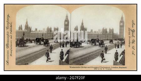 Viktorianisches Stereobild Westminster Bridge und Houses of Parliament, London, England mit Pferdeverkehr über Westminster Bridge Autor(en): American Stereoscopic Company, Verlag Erstellungsdatum: New York, USA : American Stereoscopic Company, c1900 Dezember 29. Fotodruck auf Stereokarte : Stereograph. Das Foto zeigt Westminster Palace, London, England mit Pferdekutschen und Fußgängerverkehr auf der Brücke im Vordergrund. Stockfoto