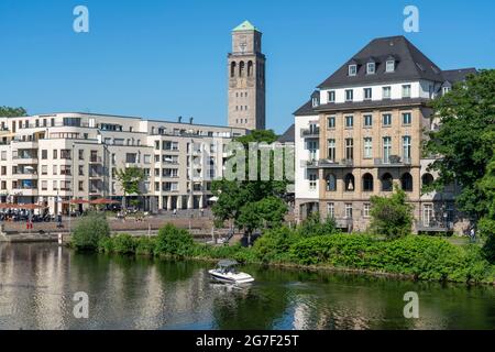 Das Stadtzentrum von Mülheim an der Ruhr, Ruhrpromenade, Wohn- und Geschäftshäuser, Gastronomie, Neubauten, Ruhrbania-Projekt, City Harbo Stockfoto