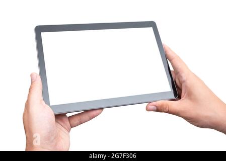 Digitales Tablet mit Handhaltung, Platzhalter für App, leeres Bildschirmmockup Stockfoto
