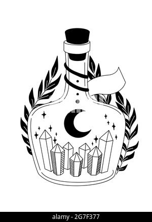 Magisches Elixier mit Mond und Sternen. Flasche mit Kristallen. Hexerei Vektor Schwarz-Weiß-Illustration. Stock Vektor