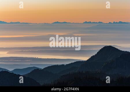 Morgenansicht über Puget Sound in Richtung Mount Baker vom nahe Marmot Pass in der Buckhorn Wildnis, Olympic National Forest, Olympic Mountains, Washing Stockfoto