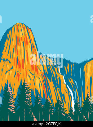 WPA-Plakatkunst von Sentinel Falls und dem riesigen Monolith Sentinel Rock, der sich im Yosemite National Park, Kalifornien, USA, befindet, wurde in einem Werksprojekt ADM realisiert Stock Vektor