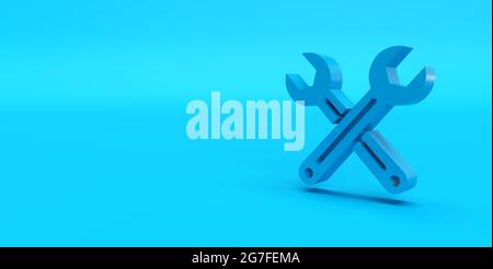 Zwei blaue Schraubenschlüssel-Tools 3D-Symbole mit blauem Hintergrund 3D-Rendering Stockfoto