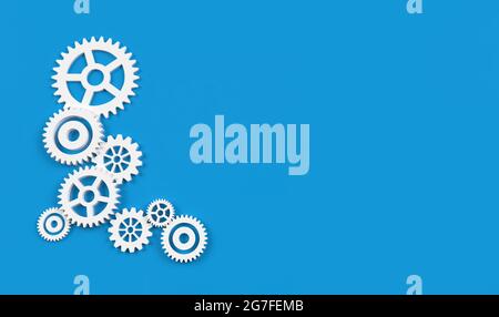 Weiße Zahnräder oder Zahnräder auf blauem Hintergrund für 3D-Rendering von Industriemechanikern oder Technologie Stockfoto