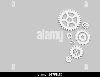 Weiße 3D-Zahnräder auf grauem Hintergrund für das 3D-Rendering von Industriemechaniken oder Technologiekonzepts Stockfoto