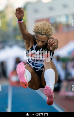 Gateshead, England, Großbritannien. Juli 2021. Malaika Mihambo aus Deutschland in Aktion beim Weitsprung-Finale der Frauen, beim britischen Grand Prix von Müller 2021 in Gateshead, im internationalen Stadion von Gateshead. Kredit: Iain McGuinness/Alamy Live Nachrichten Stockfoto