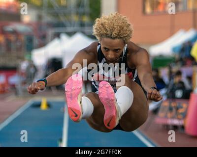 Gateshead, England, Großbritannien. Juli 2021. Malaika Mihambo aus Deutschland in Aktion beim Weitsprung-Finale der Frauen, beim britischen Grand Prix von Müller 2021 in Gateshead, im internationalen Stadion von Gateshead. Kredit: Iain McGuinness/Alamy Live Nachrichten Stockfoto