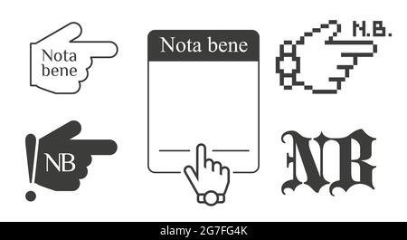 Nota Bene lateinische Phrase schwarze Symbole. Zeigefinger und leeres Textfeld. Handcursor mit Armbanduhr. Isolierte Vektordarstellung. Stock Vektor