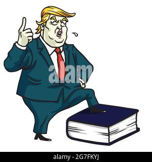 Donald Trump steht im Verfassungsbuch. Vektorgrafik Cartoon Illustration Stock Vektor