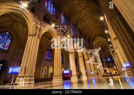 Michael Pendrys Kunstinstallation „Les Colombes“ (die Tauben) von 2,000 Origami-Tauben in der Washington National Cathedral in Washington, DC - Juli 2021 Stockfoto