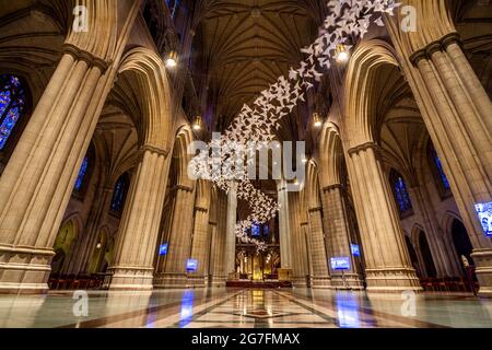 Michael Pendrys Kunstinstallation „Les Colombes“ (die Tauben) von 2,000 Origami-Tauben in der Washington National Cathedral in Washington, DC - Juli 2021 Stockfoto