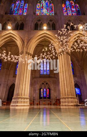 Michael Pendrys Kunstinstallation „Les Colombes“ (die Tauben) von 2,000 Origami-Tauben in der Washington National Cathedral in Washington, DC - Juli 2021 Stockfoto