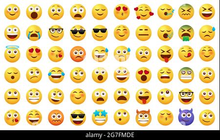 Smileys-Emoticon-Vektorset. Smiley Emoji mit fröhlichen, lustigen, traurigen und verliebten Gesichtsausdrücken isoliert auf weißem Hintergrund für Emoticons Symbol. Stock Vektor