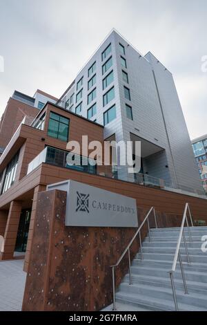 Falls Tower Camperdown Mikro-Gemeinschaft an der Main Street in Greenville South Carolina Stockfoto