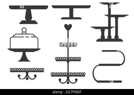 Set von Kuchen steht im flachen Icon-Stil. Leere Tabletts für Obst und Desserts. Vektordarstellung auf weißem Hintergrund isoliert. Stock Vektor