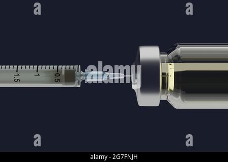 3D-gerendertes Bild. Eine Spritze und eine Flasche Impfstoff. Stockfoto