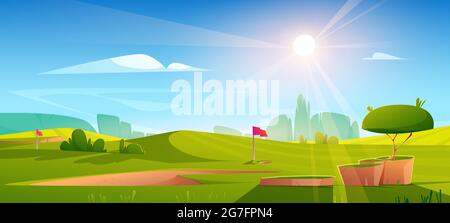 Golfplatz Naturlandschaft, grünes Gras, Pole-Flagge, Loch für Ball und Bäume unter blauem Himmel mit heller Sonne scheint. Platz für ruhigen Freizeitsport, Cartoon Hintergrund, Vektor-Illustration Stock Vektor