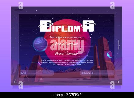 Kinder Diplom mit fremden Planeten Oberfläche, Cartoon Zertifikat Vorlage mit Weltraumlandschaft. Schulpreis oder Abschlussrahmen mit Fantasy-Welt, Galaxienkugeln in Sternenhimmel, Vektor-Design Stock Vektor