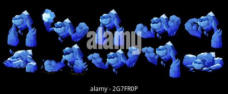 Eisgolem-Charakter in verschiedenen Posen isoliert auf schwarzem Hintergrund. Vektor-Cartoon-Set aus großen Kristall riesigen wütend, traurig und schläft. Fantasy-Monster aus gefrorenem Wasser oder Glas mit großen Fäusten Stock Vektor