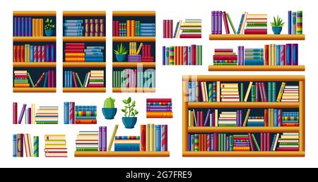 Bücherregale mit Bestsellern zum Lesen. Stapel von Büchern mit Regalen, Regalen und Koffern. Cartoon-Vektor-Illustration isoliert auf weißem Hintergrund Stock Vektor