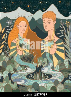 Mensch und Natur in Harmonie. Innere Balance, Frieden und Ruhe. Stock Vektor