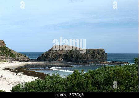 Bushrangergers Bay liegt in der Nähe von Cape Schank in Victoria, Australien. Es gibt einen Wanderweg entlang der Klippe zwischen den beiden, mit spektakulärer Aussicht. Stockfoto