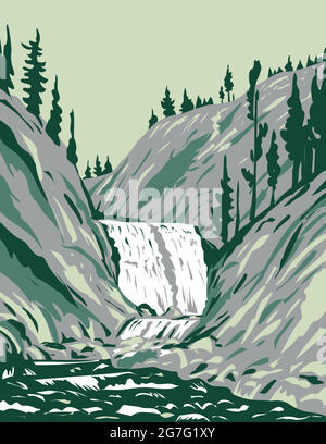 WPA-Plakatkunst von Mystic Falls, einem Wasserfall im Kaskadentypus am Little Firehole River im Yellowstone National Park, Teton County, Wyoming, USA Stock Vektor