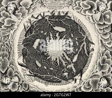 Schnittansicht der Erde, zeigt Zentralfeuer und unterirdische Kanäle, die mit Ozeanen verbunden sind, 1665. Aus Mundus Unterirdischer von Athanasius Kircher (1602-1680) deutscher Jesuitenwissenschaftler und polymat. Alte, gravierte Illustration aus dem 19. Jahrhundert von La Nature 1888 Stockfoto