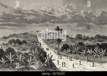 Die Hauptstadt des Königreichs Buganda. Es wurde von König Muteesa I. von Buganda (1837-1884) Uganda, Zentralafrika, regiert. Reisen Sie ins unerforschte Afrika, den geheimnisvollen Kontinent von Henry Morton Stanley. Alte gravierte Illustration aus dem 19. Jahrhundert, El Mundo Ilustrado 1880 Stockfoto
