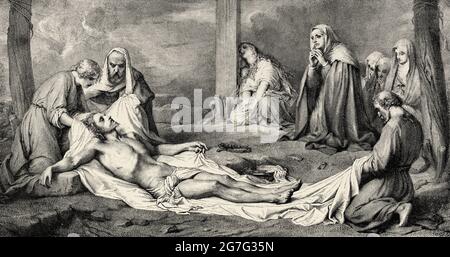 Die Herabkunft Jesu Christi vom Kreuz durch Paul Delaroche. Alte Illustration aus dem 19. Jahrhundert von El Mundo Ilustrado 1880 Stockfoto