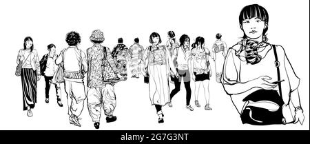 Japanische Menschen, die in einer Straße spazieren - eine andere Art, sich zwischen Tradition und Moderne zu kleiden - Vektor-Illustration Stock Vektor