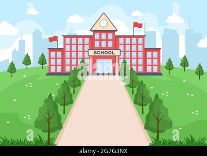 Zurück zur Schule, modernes Gebäude und Blick-Hof mit grünem Gras und Bäumen. Abbildung Der Landing Page Im Hintergrund Stock Vektor