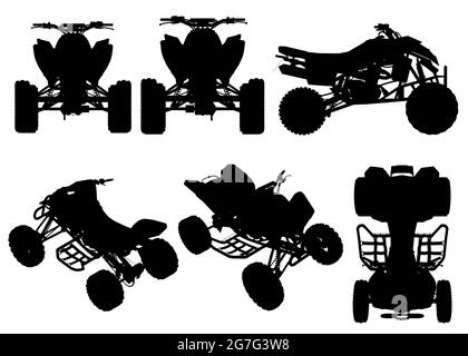 Set mit Silhouetten eines Quad-Bikes in verschiedenen Positionen isoliert auf weißem Hintergrund. Vektorgrafik. Stock Vektor