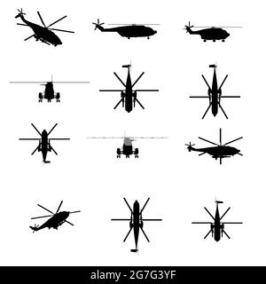 Set mit Hubschrauber Silhouetten isoliert auf weißem Hintergrund. Vektorgrafik. Stock Vektor