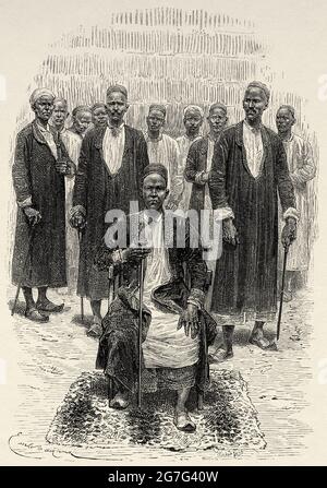Muteesa i Mukaabya Walugembe Kayiira und seine Häupter Kabaka vom Königreich Buganda. Uganda, Zentralafrika. Reisen Sie ins unerforschte Afrika, den geheimnisvollen Kontinent von Henry Morton Stanley. Alte gravierte Illustration aus dem 19. Jahrhundert, El Mundo Ilustrado 1880 Stockfoto