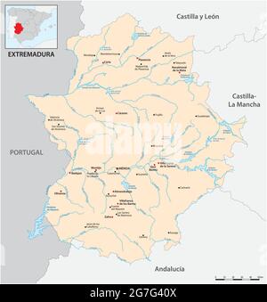 Vektorkarte der spanischen Autonomen Gemeinschaft Extremadura mit Hauptstädten, Spanien Stock Vektor