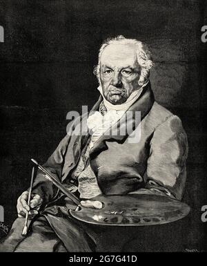 Porträt des Malers Francisco de Goya von Vicente Lopez y Portana, Spanien. Europa. Alte Illustration aus dem 19. Jahrhundert von El Mundo Ilustrado 1880 Stockfoto