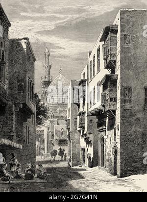 Al-Darb al-Ahmar ist ein historisches islamisches Viertel der ägyptischen Hauptstadt Kairo. Ägypten, Nordafrika. Alte Illustration aus dem 19. Jahrhundert von El Mundo Ilustrado 1880
