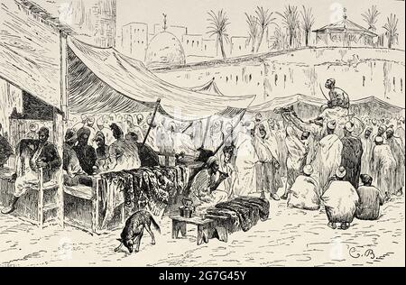 Tägliches Leben im Souk der Medina von Fez, Marokko, Maghreb. Nordafrika. Alte Illustration aus dem 19. Jahrhundert von El Mundo Ilustrado 1880 Stockfoto