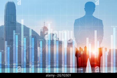 Blue-Chart-Diagramme mit doppelter Belichtung, Finanzdiagramme und -Diagramme. Stockfoto