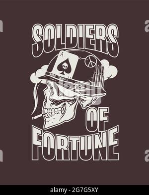 Handzeichnung eines Schädels in einem Helm eines amerikanischen Soldaten während des Vietnamkrieges mit der Aufschrift Soldiers of Fortune in the Vietnam war. Für Stock Vektor