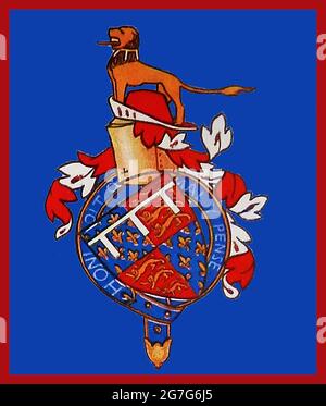 Wappen und Wappen des Schwarzen Prinzen (Edward von Woodstock ältester Sohn von König Edward III von England 1330-1376). Der dem englischen Thron offenbar nachgebende Erbe starb vor seinem Vater, so dass sein Sohn Richard II. Erfolgreich war. 1337 wurde er Herzog von Cornwall (das erste englische Herzogtum) und wurde Prinz von Wales und Ritter. Er war einer der erfolgreichsten englischen Kommandeure während des Hundertjährigen Krieges. Er heiratete Joan, Gräfin von Kent (seine Cousine) im Jahr 1361. Er verwendete auch eine Alternative mit drei Straußenfedern, die als sein „Feld für den Frieden“ beschrieben wurden. Stockfoto