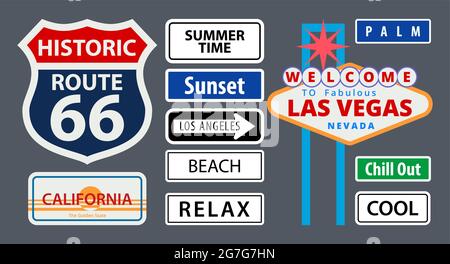 Eine Reihe von US-Straßenschildern in flachem Stil. Nevada, Kalifornien, Sonnenuntergang, Los Angeles, Route 66, Sommerzeit, Kühl, Entspannen, Strand. Zum Drucken von Aufklebern auf Autos Stock Vektor