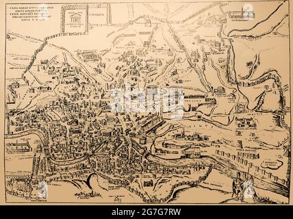 Eine Karte aus dem 16. Jahrhundert der Stadt Rom, Italien, mit den wichtigsten Sehenswürdigkeiten, Gebäuden und Namen in lateinischer Sprache, im Jahr 1570 Stockfoto